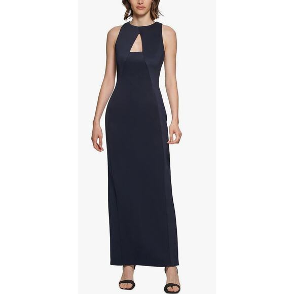 Calvin Klein Womens Scuba Sleeveless Evening Maxi Dress Size 16 Navy Blue New - Picture 1 of 11